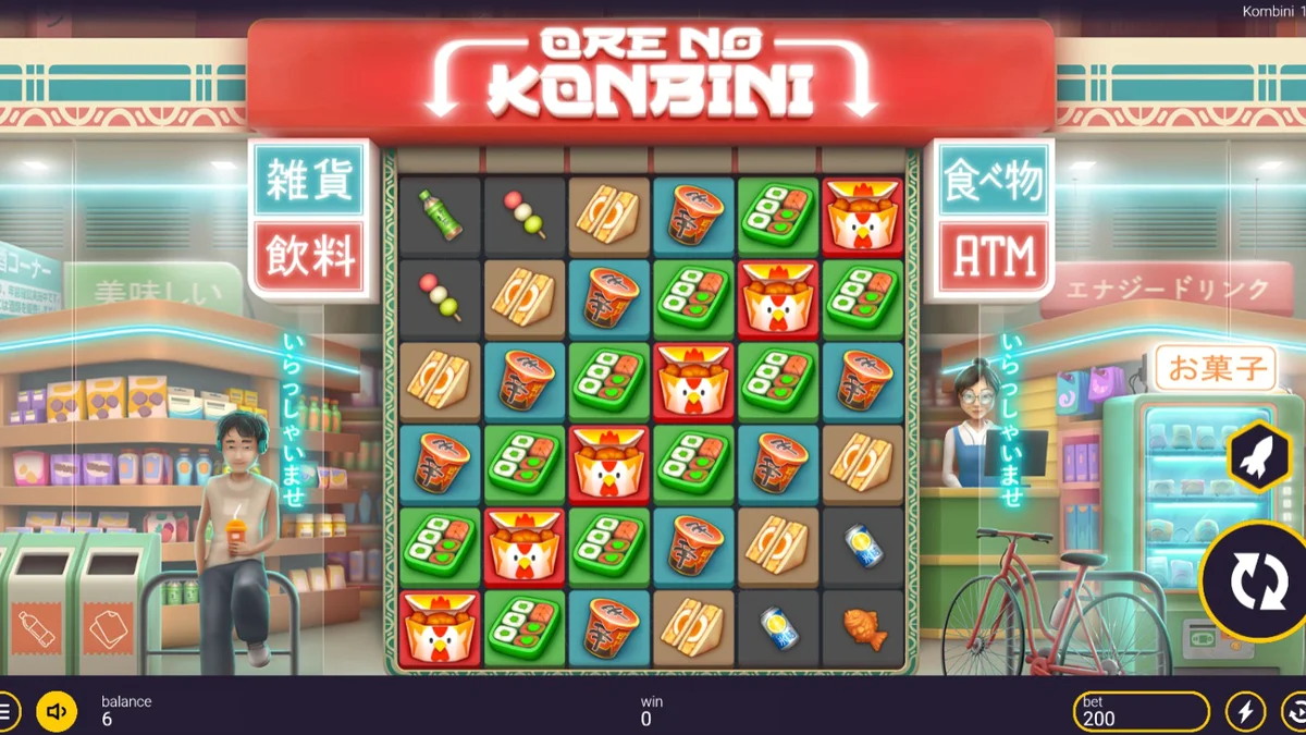 Tampilan visual slot Ore No Konbini dengan latar belakang toko serba ada Jepang yang neon