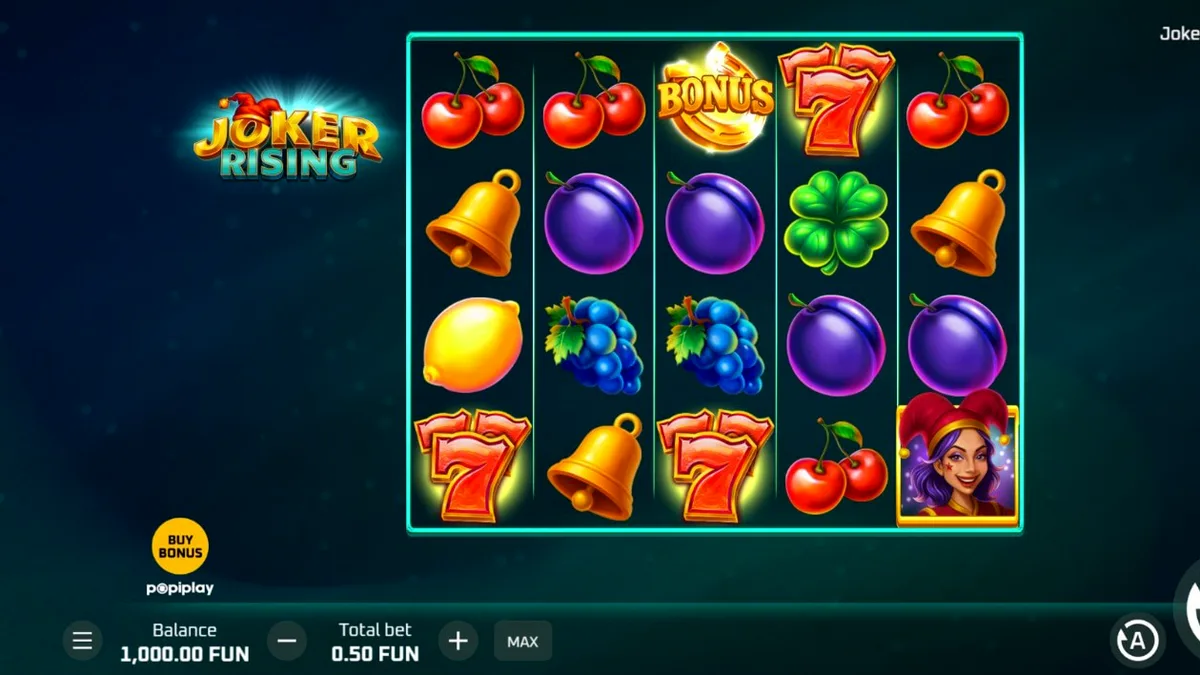 Tampilan visual slot Joker Rising dengan simbol buah neon dan karakter Joker